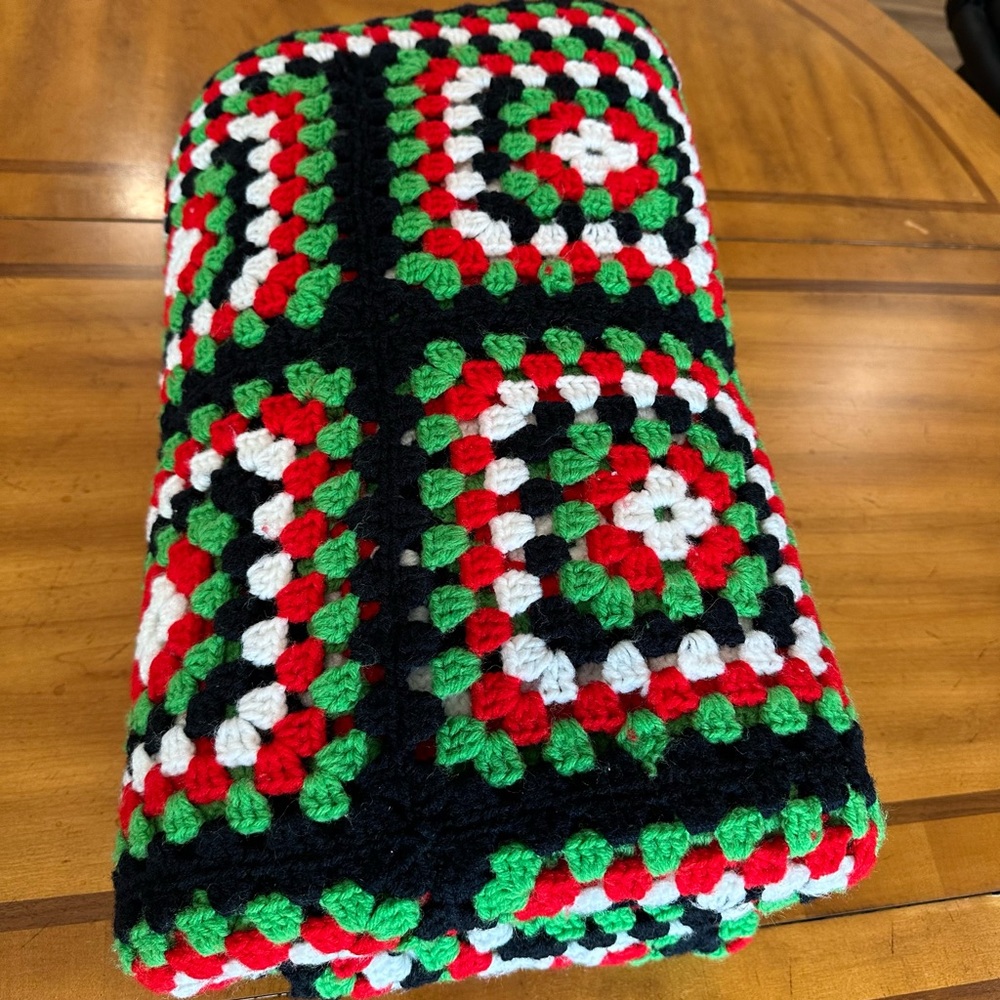 Handmade Oversized Granny Square Afghan Throw Blanket Black Green Red White
